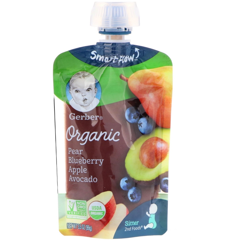 Gerber, Organic, Smart Flow, Sitter, 2nd Foods, Pear, Blueberry, Apple, Avocado, 3.5 oz (99 g)