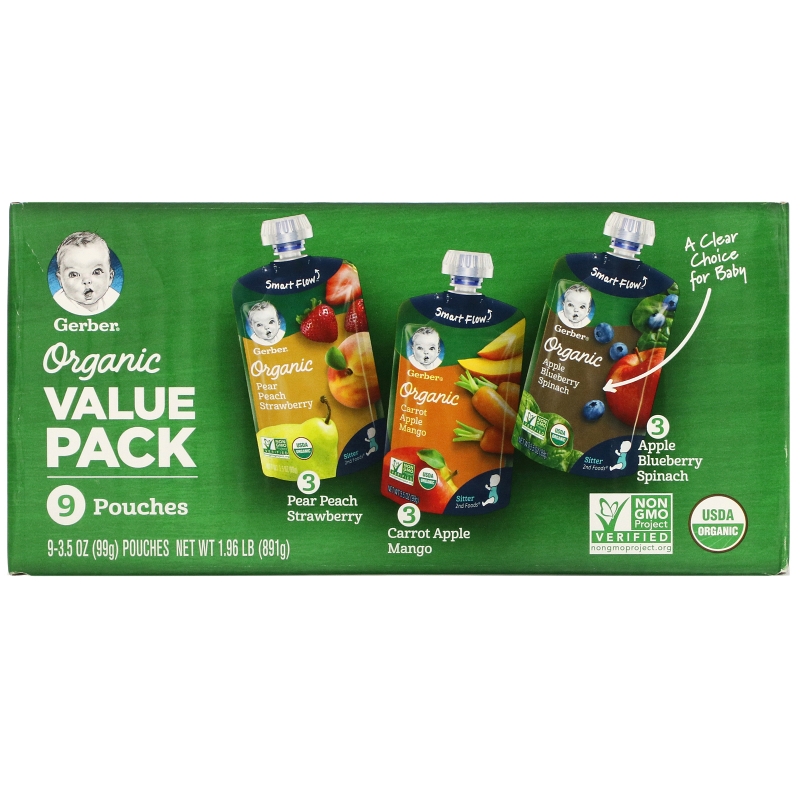 Gerber, Organic Value Pack,  Pear Peach Strawberry, Carrot Apple Mango, Apple Blueberry Spinach, 9 Pouches, 3.5 oz (99 g) Each