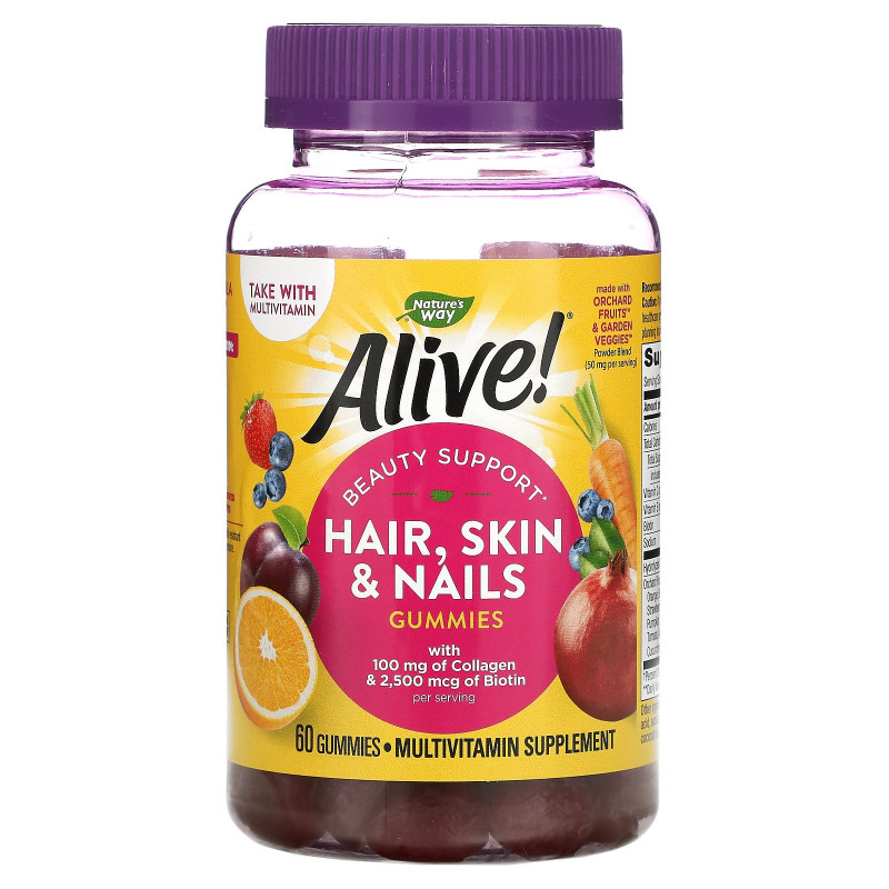 Nature's Way, Alive! Hair, Skin & Nails Gummies, Strawberry Flavored, 60 Gummies