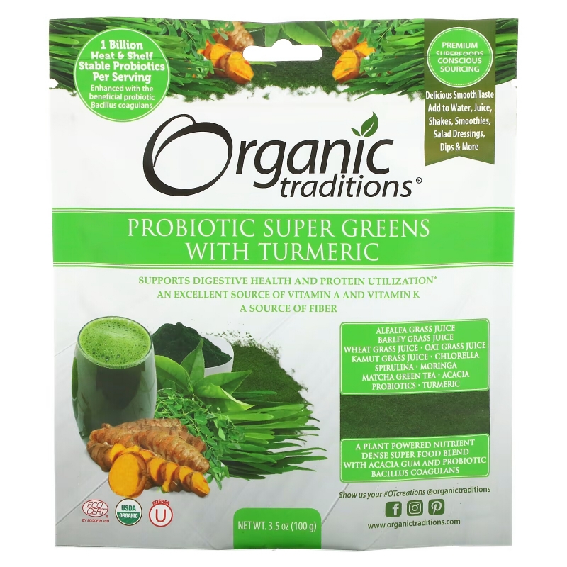 Organic Traditions, Probiotic Super Greens with Turmeric, 3.5 oz (100 g)