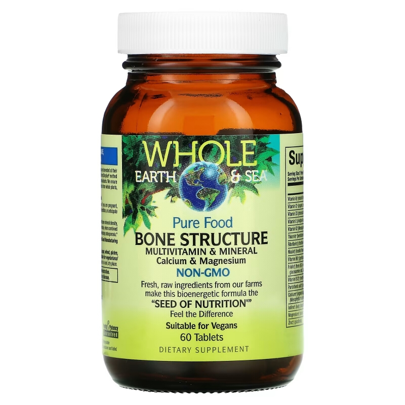 Natural Factors, Whole Earth & Sea, Bone Structure Multivitamin & Mineral, Calcium & Magnesium, 60 Tablets