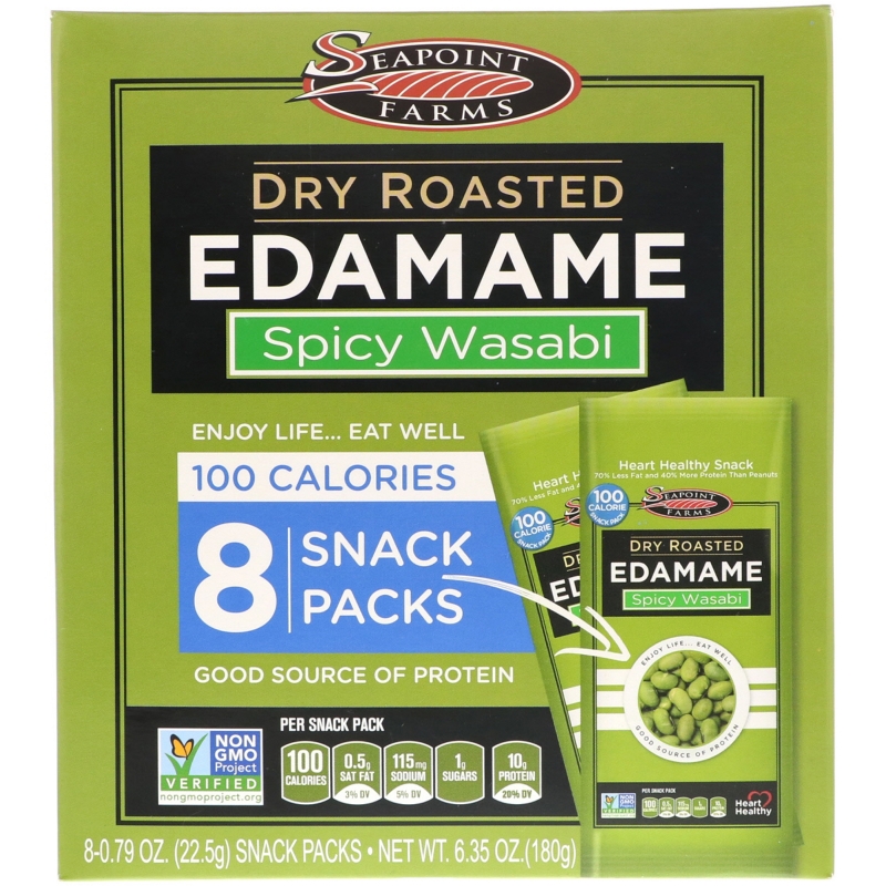 Seapoint Farms Dry Roasted Edamame Spicy Wasabi 8 Snack Packs 0.79 oz (22.5 g) Each