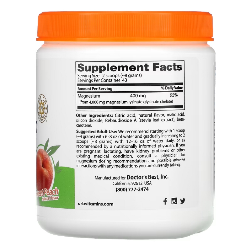 Doctor's Best, High Absorption Magnesium Powder, Sweet Peach, 12.3 oz (347 g)