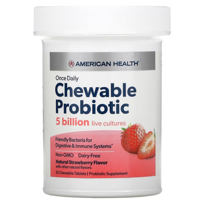 American Health, Once Daily Chewable Probiotic, Natural Strawberry, 5 Billion CFU, 30 Chewable Tablets