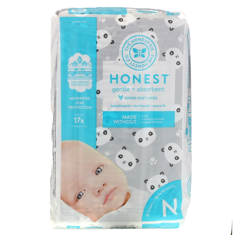 The Honest Company, Honest Diapers, Super-Soft Liner, Newborn, Pandas, Up to 10 Pounds, 32 Diapers