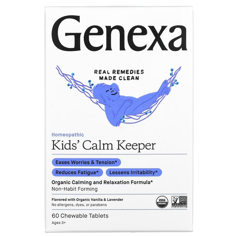 Genexa LLC, Kids´ Calm Keeper, Calming & Relaxation, Ages 3+, Vanilla & Lavender, 60 Chewable Tablets