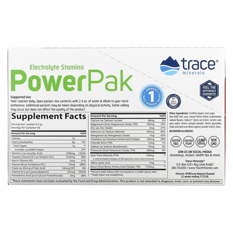 Trace Minerals Research, Trace Minerals Research, Electrolyte Stamina, Power Pak, Watermelon Effervescent, 30 Packets, 0.19 oz (5.5 g) Each