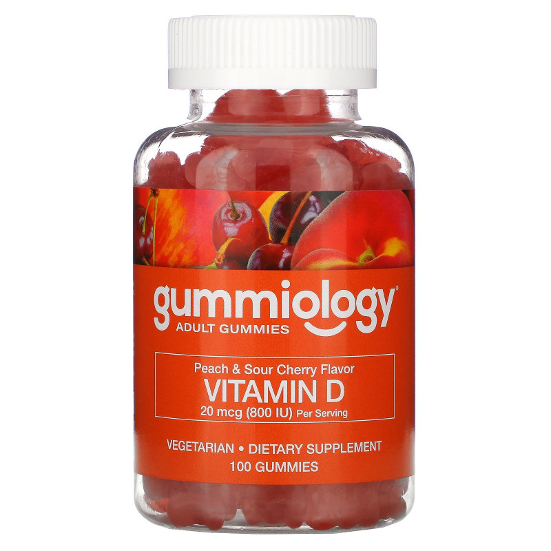 Gummiology, Adult Vitamin D3 Gummies, Natural Peach & Sour Cherry Flavors, 100 Vegetarian Gummies