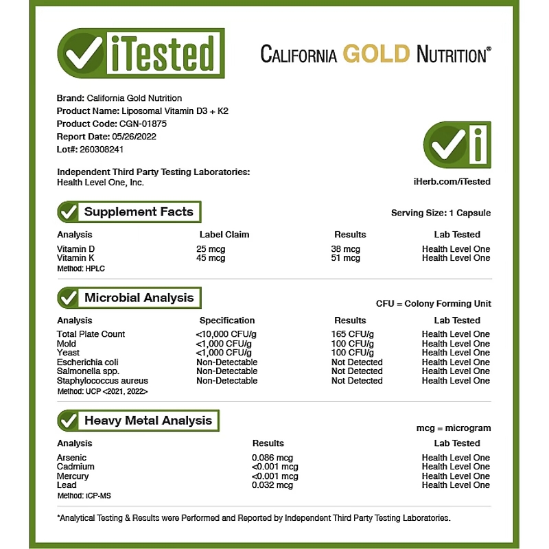 California Gold Nutrition, Liposomal Vitamin K2+ D3, 60 Veggie Capsules