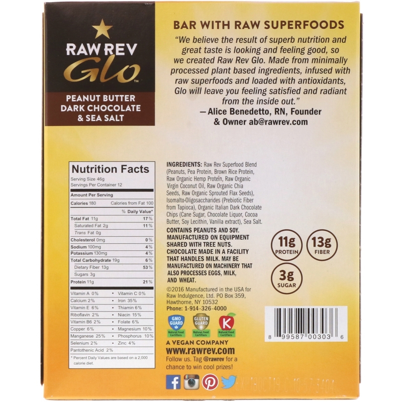 Raw Revolution Glo Peanut Butter Dark Chocolate & Sea Salt 12 Bars 1.6 oz (46 g) Each